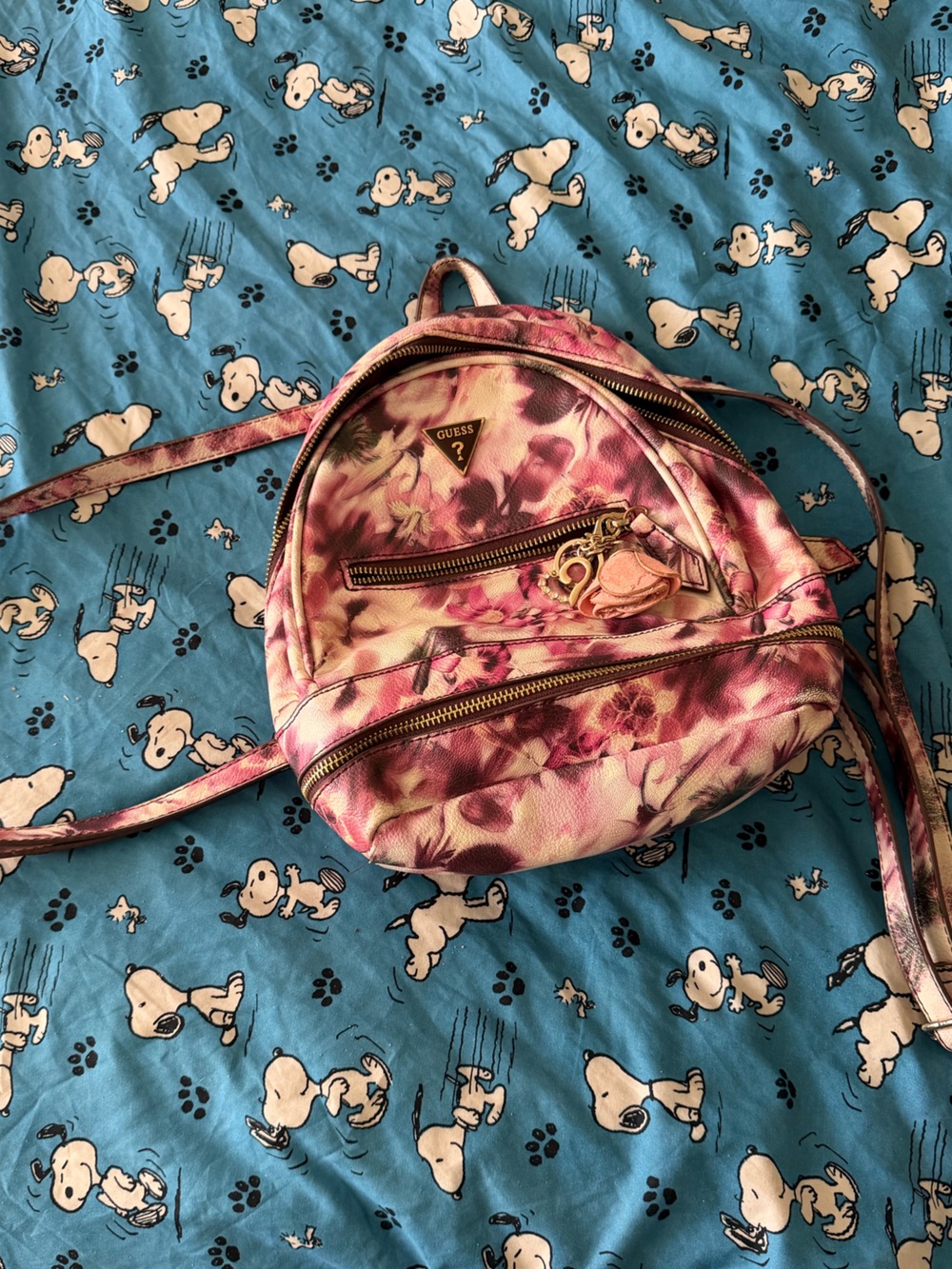 GUESS Pink Floral Mini Backpack with Gold Hardware